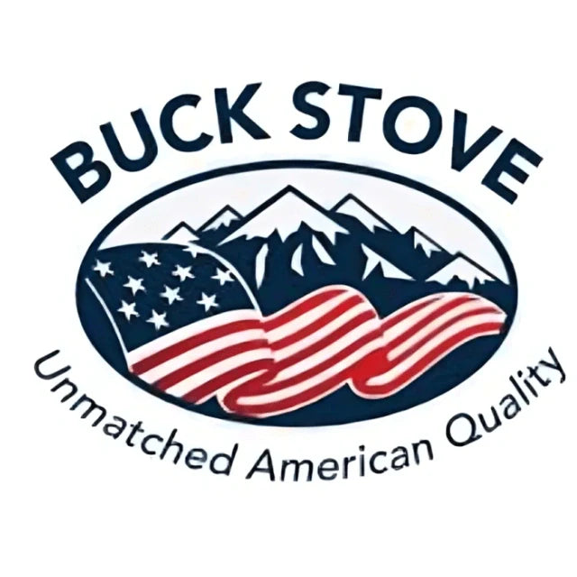 Buck Stove logo featuring mountains and an American flag, symbolizing outdoor warmth and patriotism.
