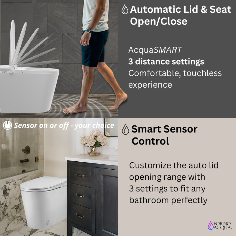 FORNO ACQUA Luxurious Smart Toilet. Includes Auto Flush, Auto Lid, Powerful Flush, sleek tankless design Ideal for Powder Rooms.