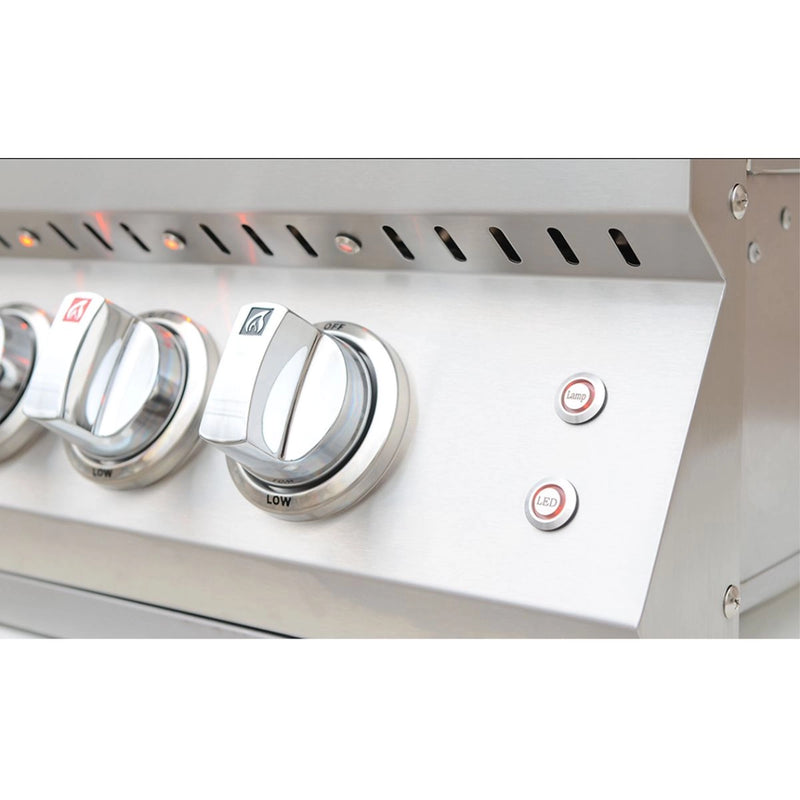 Kokomo Grills 32” Professional Built in Gas Grill with stainless steel knobs, LED lighting, and SureLight ignition system.