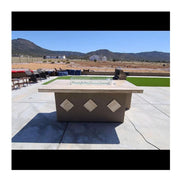 Kokomo Grills Baja/Fire L-Shaped BBQ Island with fire pit, porcelain countertop, outdoor refrigerator, and 4 burner grill