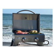 Kokomo Grills On The Go KO-PTBL portable stainless steel grill with dual burners, temperature gauge, carry handle, perfect for outdoor grilling.