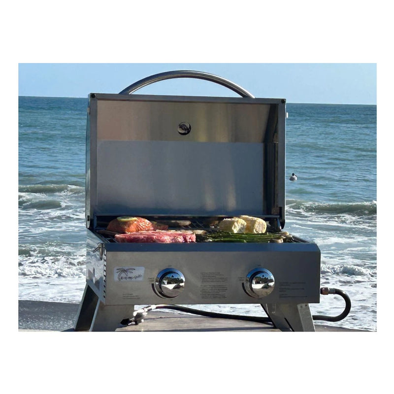 Kokomo Grills On The Go KO-PTBL portable stainless steel grill with dual burners, temperature gauge, carry handle, perfect for outdoor grilling.