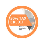 Orange circle with '30% Tax Credit' text on a white background