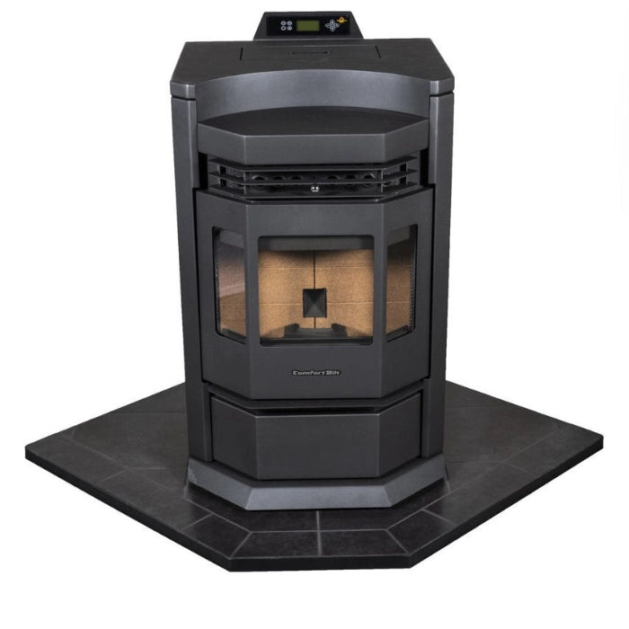 Black pellet stove on a white background