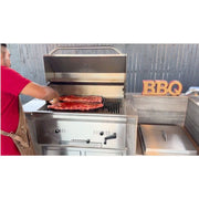 Kokomo Grills 32” Built In Charcoal Grill with stainless steel, adjustable air dampers, charcoal tray, and hood-mounted temperature gauge.