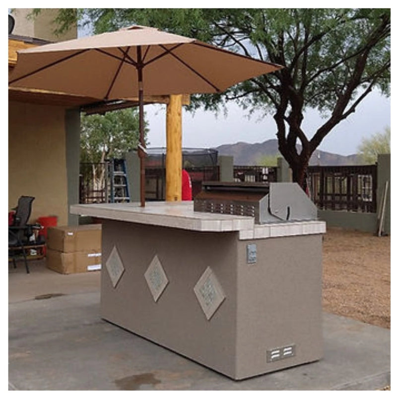 Kokomo Grills St. John 7'6" BBQ Island with high bar on three sides, lights, tile countertop, and Spectrum Brown stucco finish.