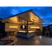 Kokomo Grills Luxury Outdoor Kitchen BBQ Grill Island with stainless steel burners, stone countertops, built-in lighting, and storage.
