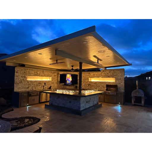 Kokomo Grills Luxury Outdoor Kitchen BBQ Grill Island with stainless steel burners, stone countertops, built-in lighting, and storage.