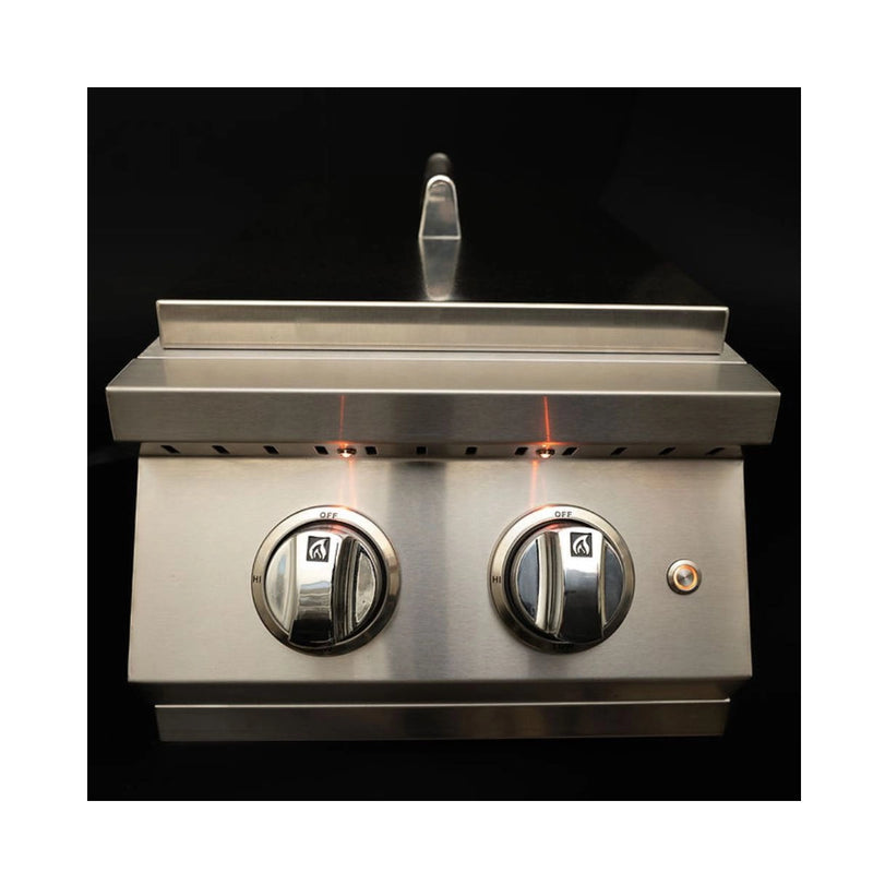 Kokomo Grills Professional Double Side Burner with stainless steel cover, dual illuminated knobs, and built-in design.