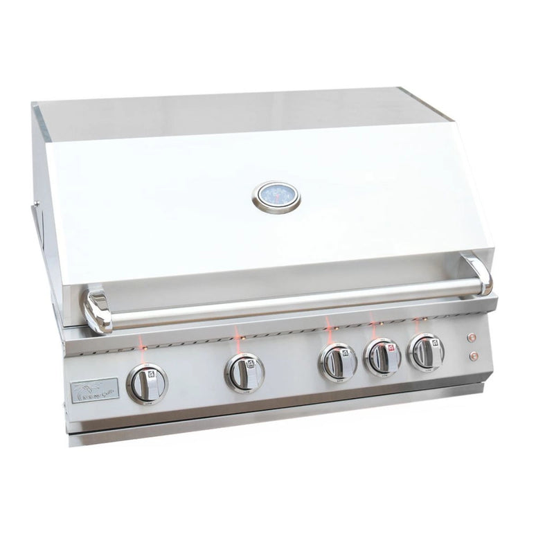 Kokomo Grills Laser Cut Grate 32In Professional Built in Gas Grill with 4 illuminated stainless steel knobs and hood-mounted temperature gauge