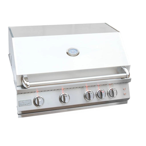 Kokomo Grills Laser Cut Grate 32In Professional Built in Gas Grill with 4 illuminated stainless steel knobs and hood-mounted temperature gauge