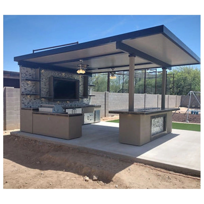Kokomo Grills Outdoor Kitchen Montego Model BBQ Island with built-in grill, ample storage, and modern galvanized steel frame under a large canopy