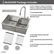 FORNO ACQUA 33 in. Drop-In/Undermount 40/60 Double Bowl Stainless Steel Sink with Waterfall Faucet