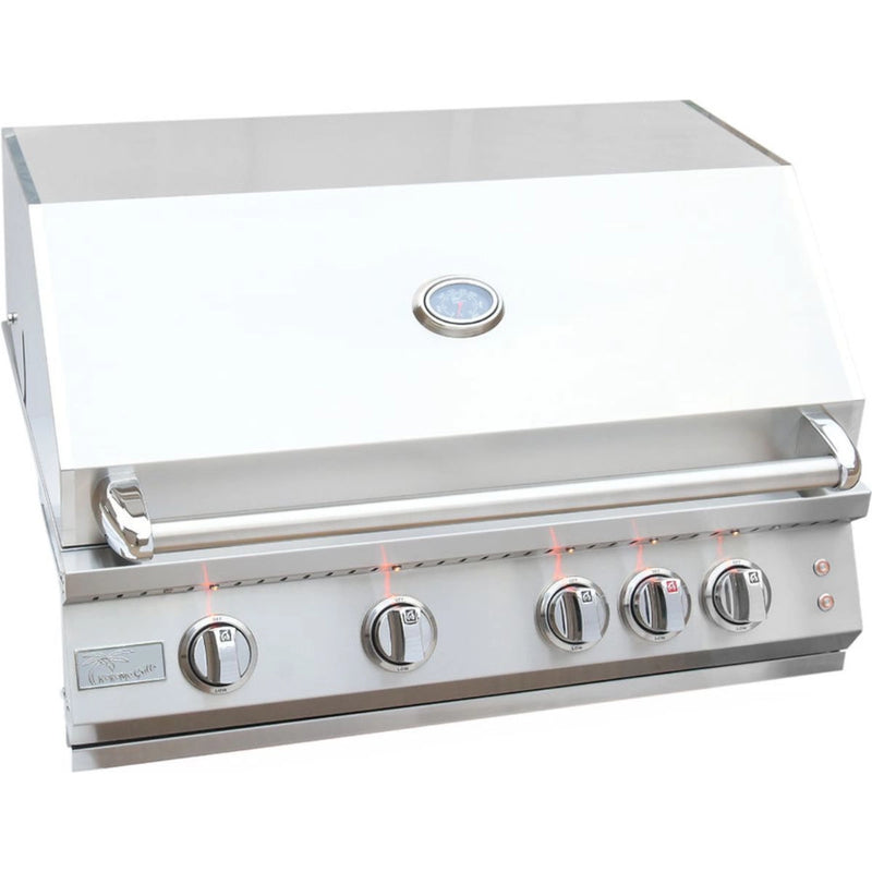 Kokomo Grills 32” Professional Built in Gas Grill with 4 stainless steel burners, temperature gauge, and illuminated control knobs.