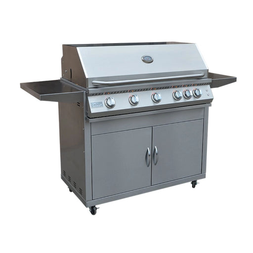 Kokomo Grills Professional 5 Burner 40 Inch Cart Model BBQ Grill with stainless steel, illuminated knobs, side shelves, and locking caster wheels.