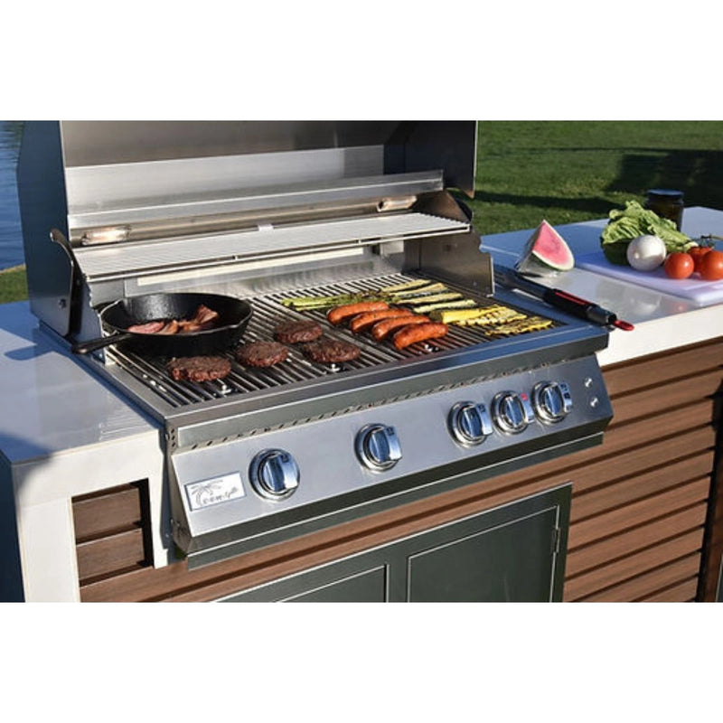 Kokomo Grills Professional Shiplap Outdoor Kitchen KoKoMo Grill with 32" 4-burner stainless steel grill, shiplap siding, and porcelain countertop.