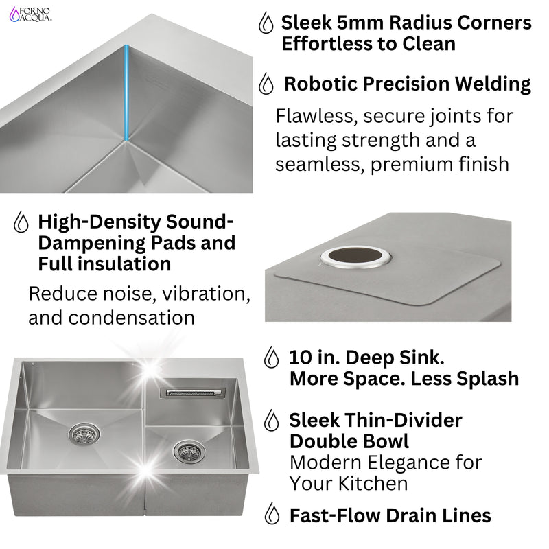 FORNO ACQUA 33 in. Drop-In/Undermount 40/60 Double Bowl Sink with Retractable Faucet & Waterfall