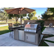 Kokomo Grills St. John 7'6" BBQ Island with 4 burner grill, high bar on three sides, lights, refrigerator, and tile countertop in Spectrum Brown.