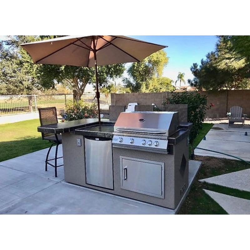 Kokomo Grills St. John 7'6" BBQ Island with 4 burner grill, high bar on three sides, lights, refrigerator, and tile countertop in Spectrum Brown.
