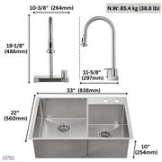 FORNO ACQUA 33 in. Drop-In/Undermount 40/60 Double Bowl Stainless Steel Sink with Waterfall Faucet