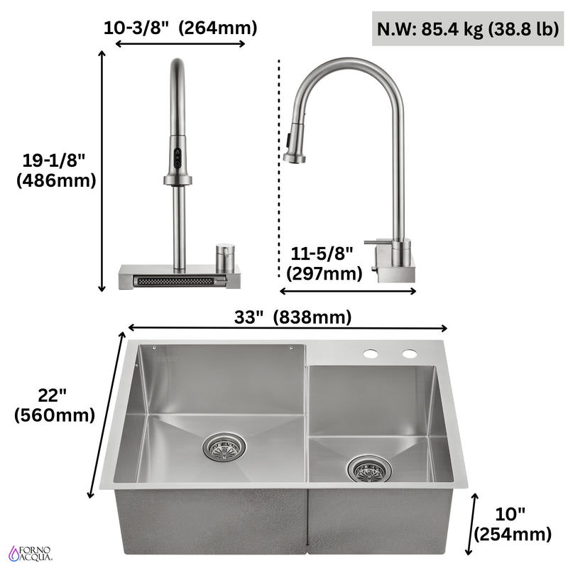 FORNO ACQUA 33 in. Drop-In/Undermount 40/60 Double Bowl Stainless Steel Sink with Waterfall Faucet