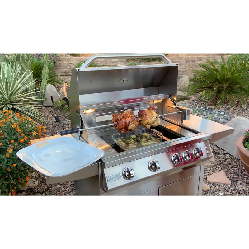 Kokomo Grills Professional 4 Burner 32 Inch Cart BBQ Grill in stainless steel with illuminated knobs, interior lights, and locking caster wheels.