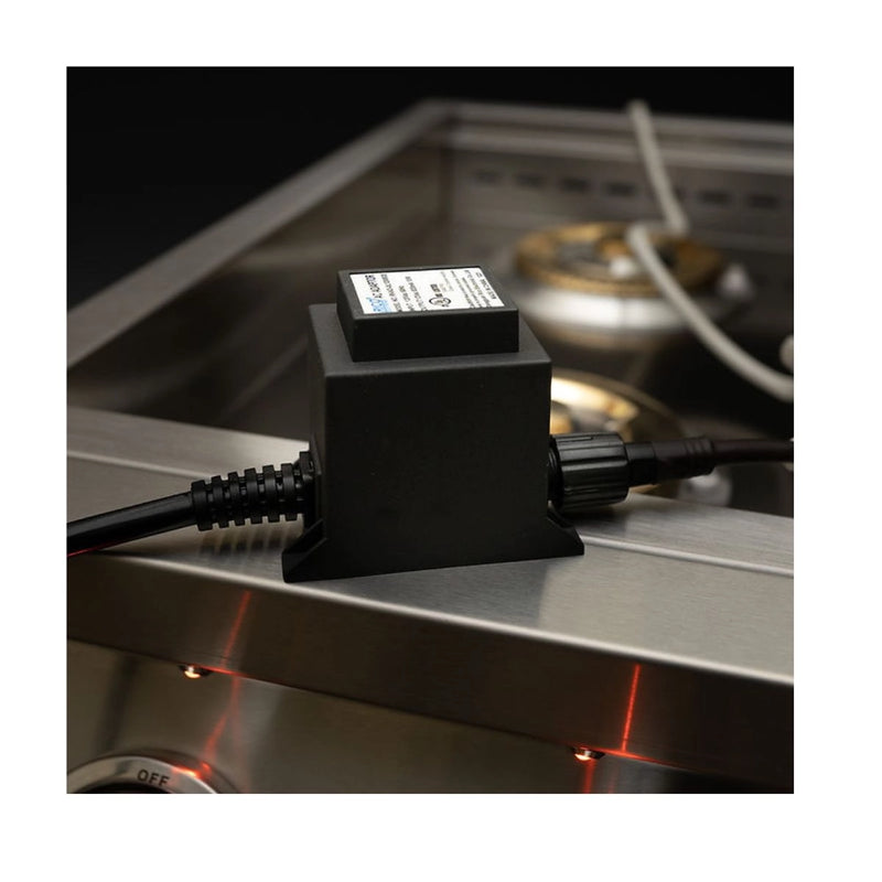 Kokomo Grills Professional Double Side Burner with stainless steel build, illuminated knobs, and removable cover in outdoor kitchen setup.