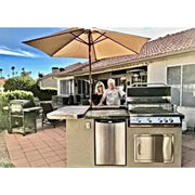 Kokomo Grills St. John 7'6" BBQ Island with Spectrum Brown stucco, 4-burner 32" grill, outdoor fridge, tile countertop, and high bar.