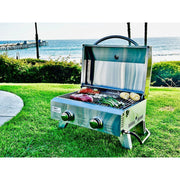 Kokomo Grills On The Go portable stainless steel grill with dual burners, temperature gauge, carry handle, and 266.5 sq. inch surface.