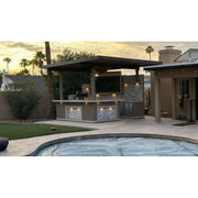 Kokomo Grills Best Outdoor Kitchen Bermuda BBQ Island with TV featuring 4 burners, side burners, storage, keg cooler, fire pit, and pergola.