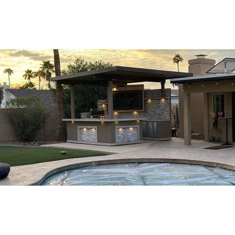 Kokomo Grills Best Outdoor Kitchen Bermuda BBQ Island with TV featuring 4 burners, side burners, storage, keg cooler, fire pit, and pergola.