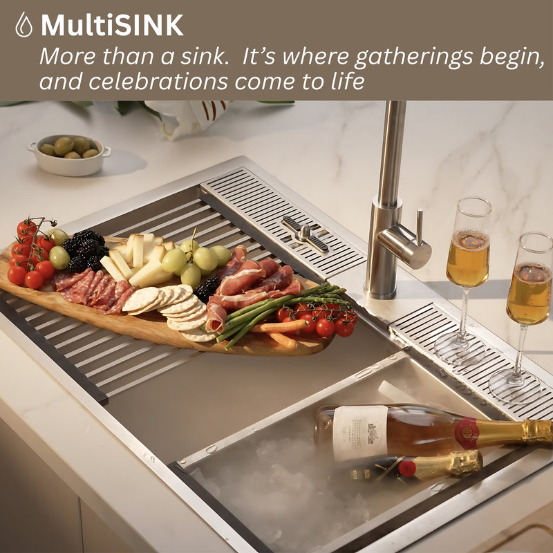 FORNO ACQUA 33 in. Drop-In/Undermount 3-Level Workstation Sink with Waterfall Faucet & Glass Rinser