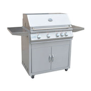 Kokomo Grills Professional 4 Burner 32 Inch Cart BBQ Grill in stainless steel with illuminated knobs, side shelves, and locking caster wheels.