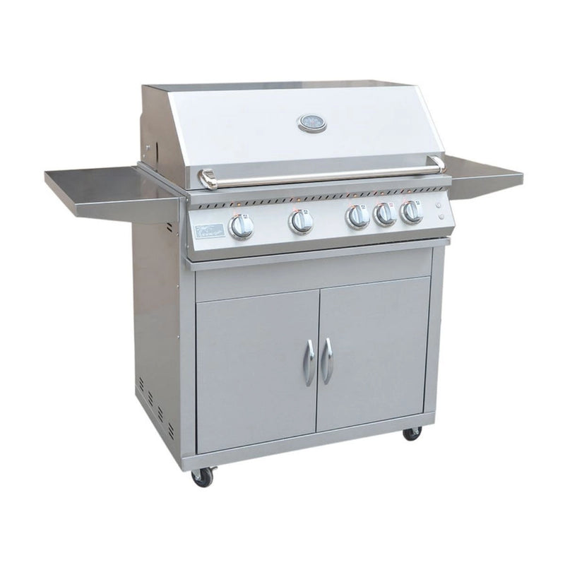 Kokomo Grills Professional 4 Burner 32 Inch Cart BBQ Grill in stainless steel with illuminated knobs, side shelves, and locking caster wheels.