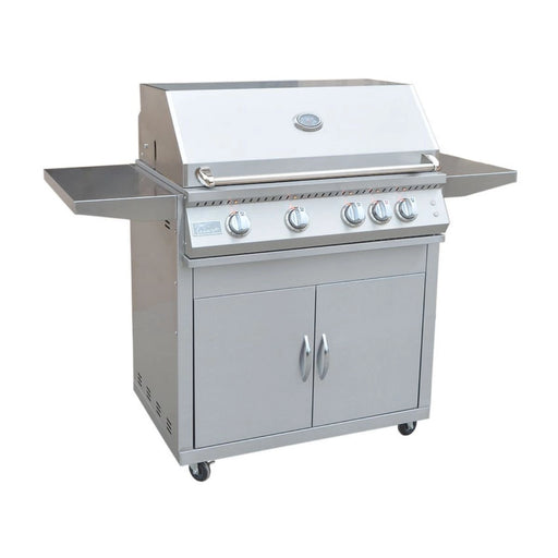 Kokomo Grills Professional 4 Burner 32 Inch Cart BBQ Grill in stainless steel with illuminated knobs, side shelves, and locking caster wheels.