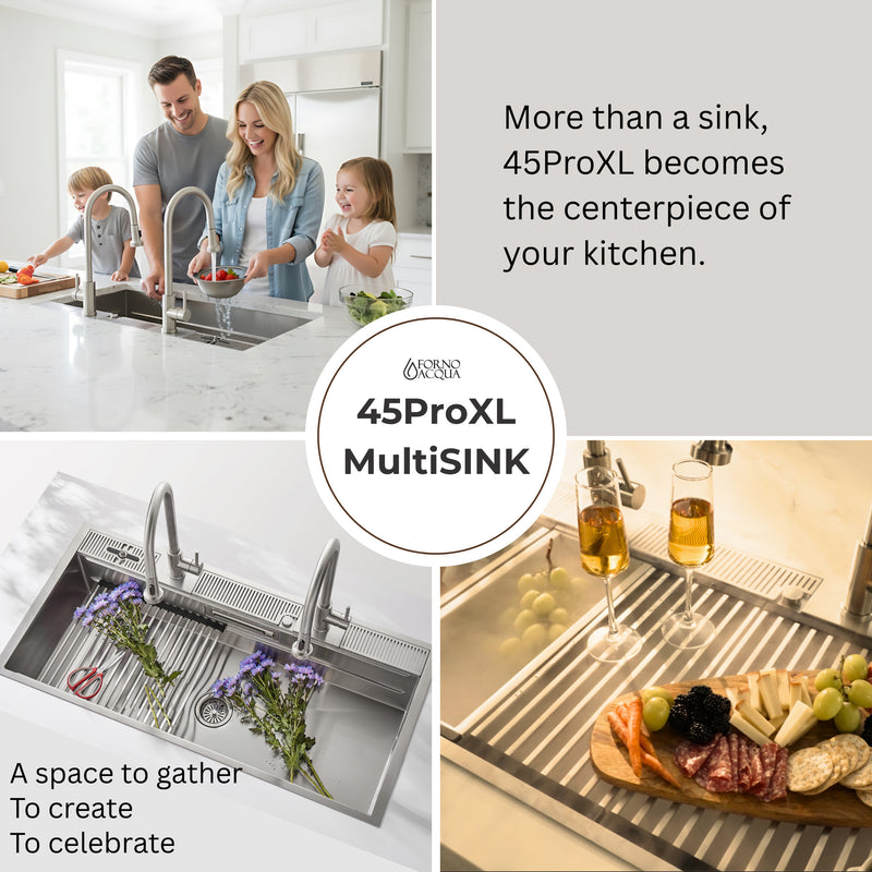 FORNO ACQUA 45 in. Drop-In/Undermount 3-Level Workstation Sink with Two Faucets & Glass Rinser