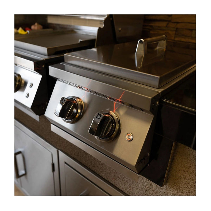 Kokomo Grills Professional Double Side Burner with dual 12,000 BTU brass burners, stainless steel cover, illuminated knobs, built-in design.