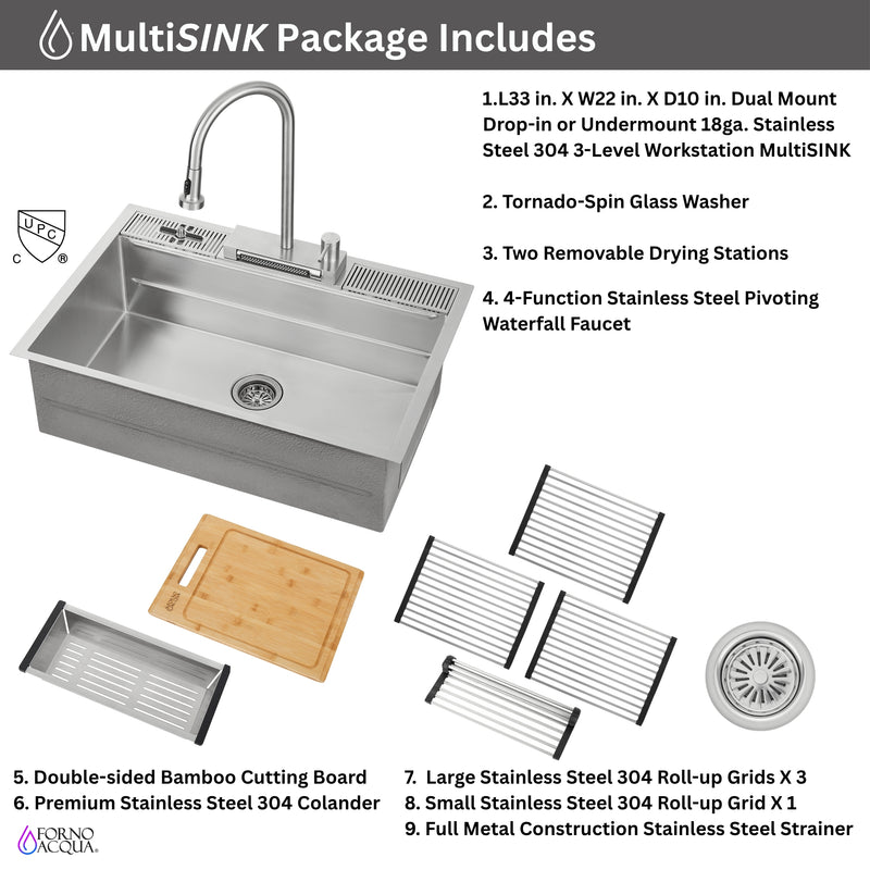 FORNO ACQUA 33 in. Drop-In/Undermount MultiSINK Workstation Sink with Waterfall Faucet & Glass Rinser