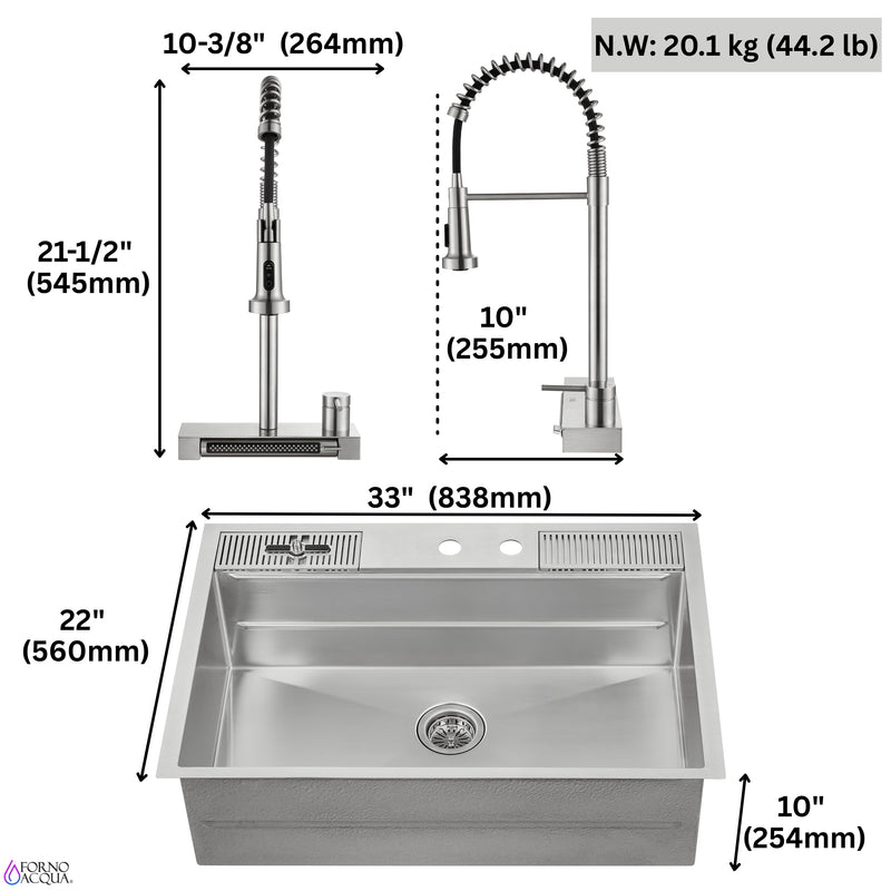 FORNO ACQUA 33 in. Drop-In/Undermount 3-Level MultiSINK Workstation Sink with Waterfall Faucet & Glass Rinser