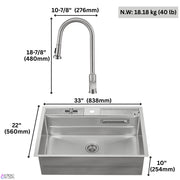 FORNO ACQUA 33 in. Drop-In/Undermount 3-Level Workstation Sink with Faucet, Waterfall & Glass Rinser