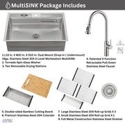 FORNO ACQUA 33 in. Drop-In/Undermount 3-Level Workstation with Retractable Faucet & Glass Rinser