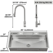 FORNO ACQUA 45 in. Drop-In/Undermount 3-Level Workstation Sink with Two Faucets & Glass Rinser