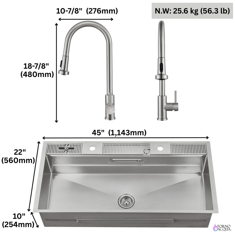 FORNO ACQUA 45 in. Drop-In/Undermount 3-Level Workstation Sink with Two Faucets & Glass Rinser