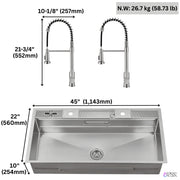 FORNO ACQUA 45 in. Drop-In/Undermount 3-Level Workstation Sink with Two Faucets & Glass Rinser