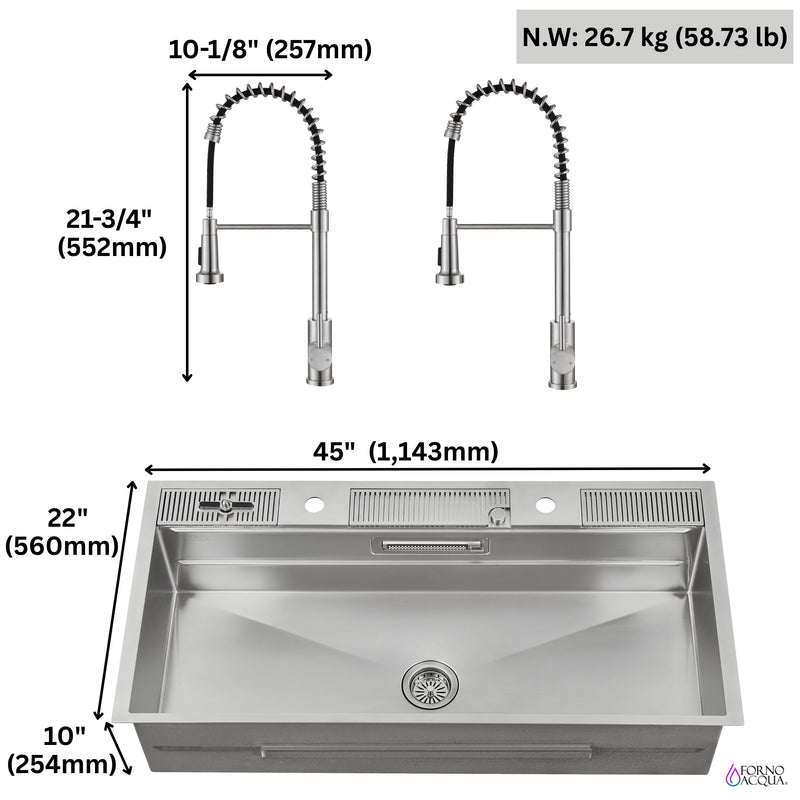 FORNO ACQUA 45 in. Drop-In/Undermount 3-Level Workstation Sink with Two Faucets & Glass Rinser