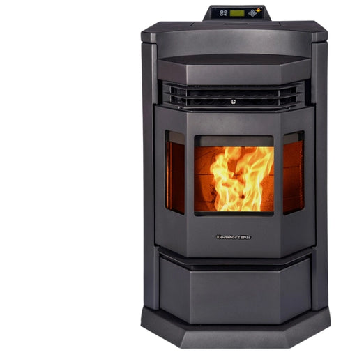 Black pellet stove with visible flames on a white background