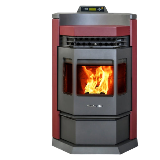 Pellet stove with visible flames on a white background