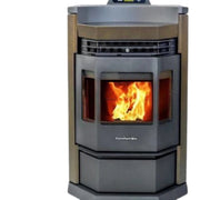 Pellet stove with visible flames on a white background