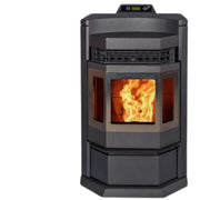Black pellet stove with visible flames on a white background
