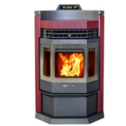Wood-burning stove with visible flames on a white background